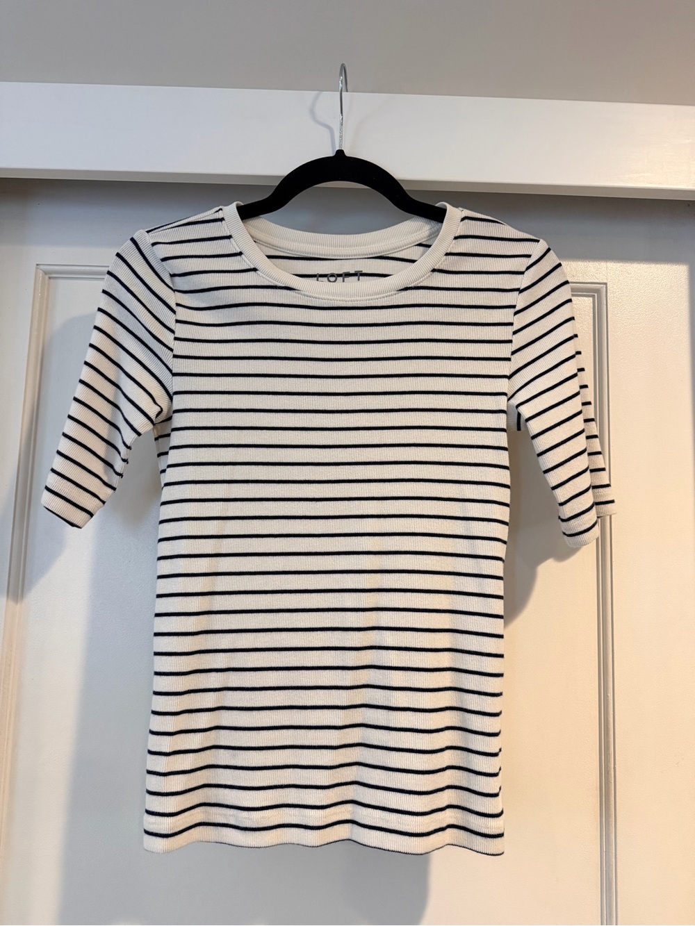 Loft Stripe Perfect Ribbed Elbow Sleeve Tee Black & White Size Small